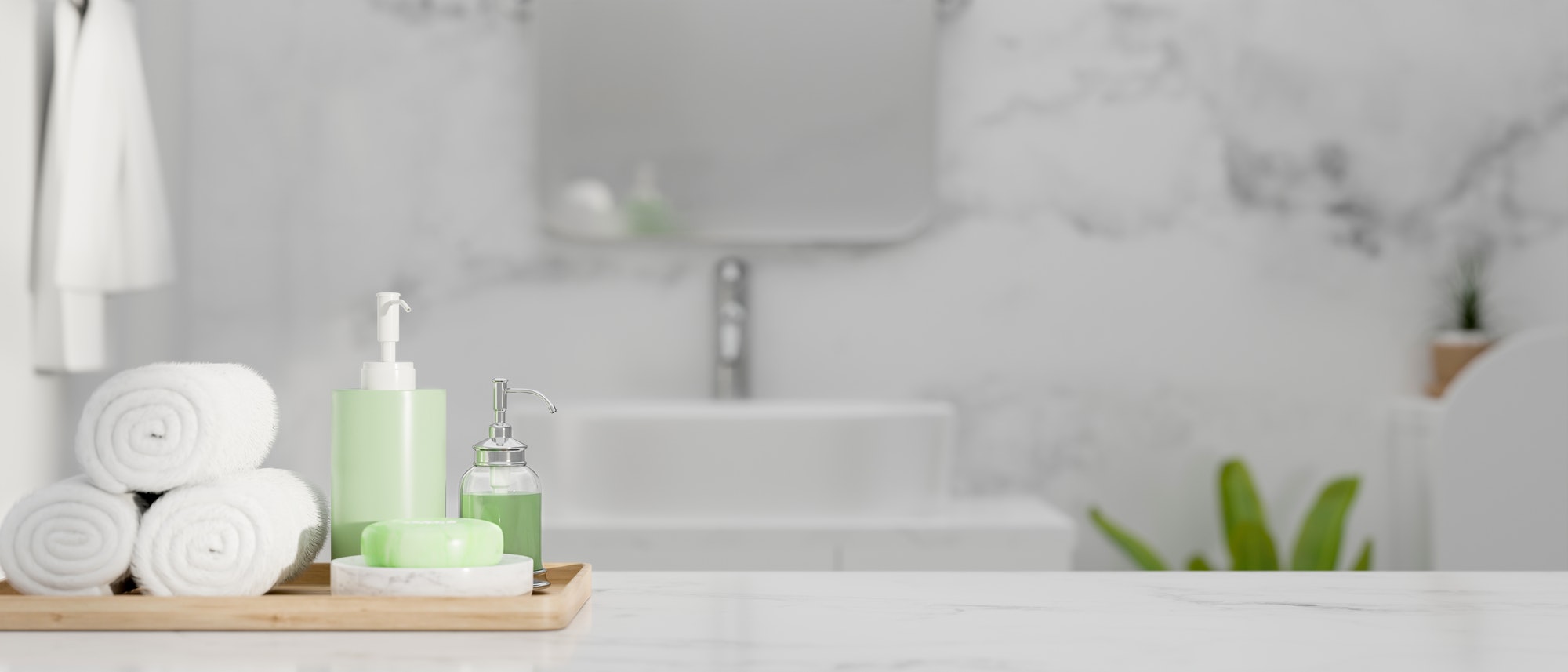 Closeup of marble countertop, space and set of bathing over stylish marble bathroom, 3d rendering