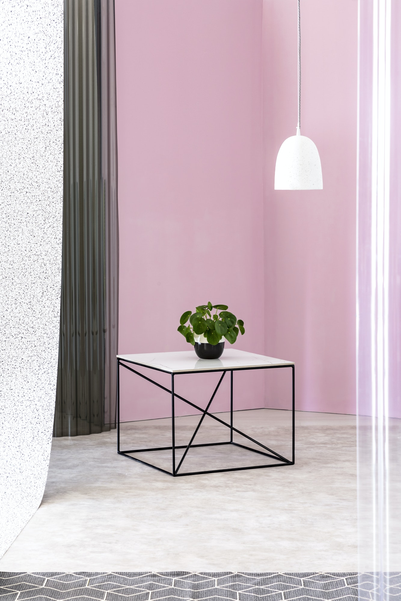 Green plant on a black industrial table with marble countertop a