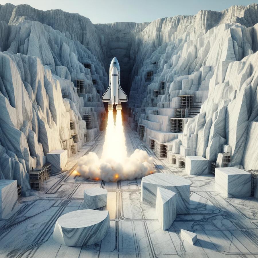 DALL·E 2024-04-22 15.45.10 – A futuristic rocket ship blasting off from the center of a vast marble stone quarry. The quarry is depicted with sheer white cliffs and large blocks o