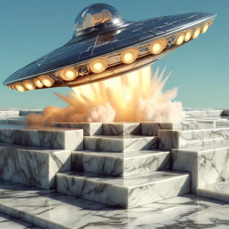 DALL·E 2024-04-22 15.46.18 – A retro-futuristic space ship, reminiscent of 1950s sci-fi, blasting off from a smaller marble stone quarry. The quarry showcases exquisitely detailed