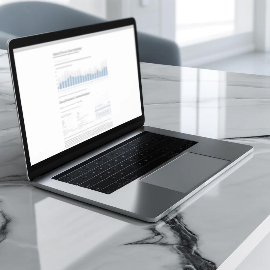 DALL·E 2024-04-22 15.47.04 – A modern laptop open on a polished marble countertop. The screen displays a detailed report with charts and text, emphasizing a business or academic s