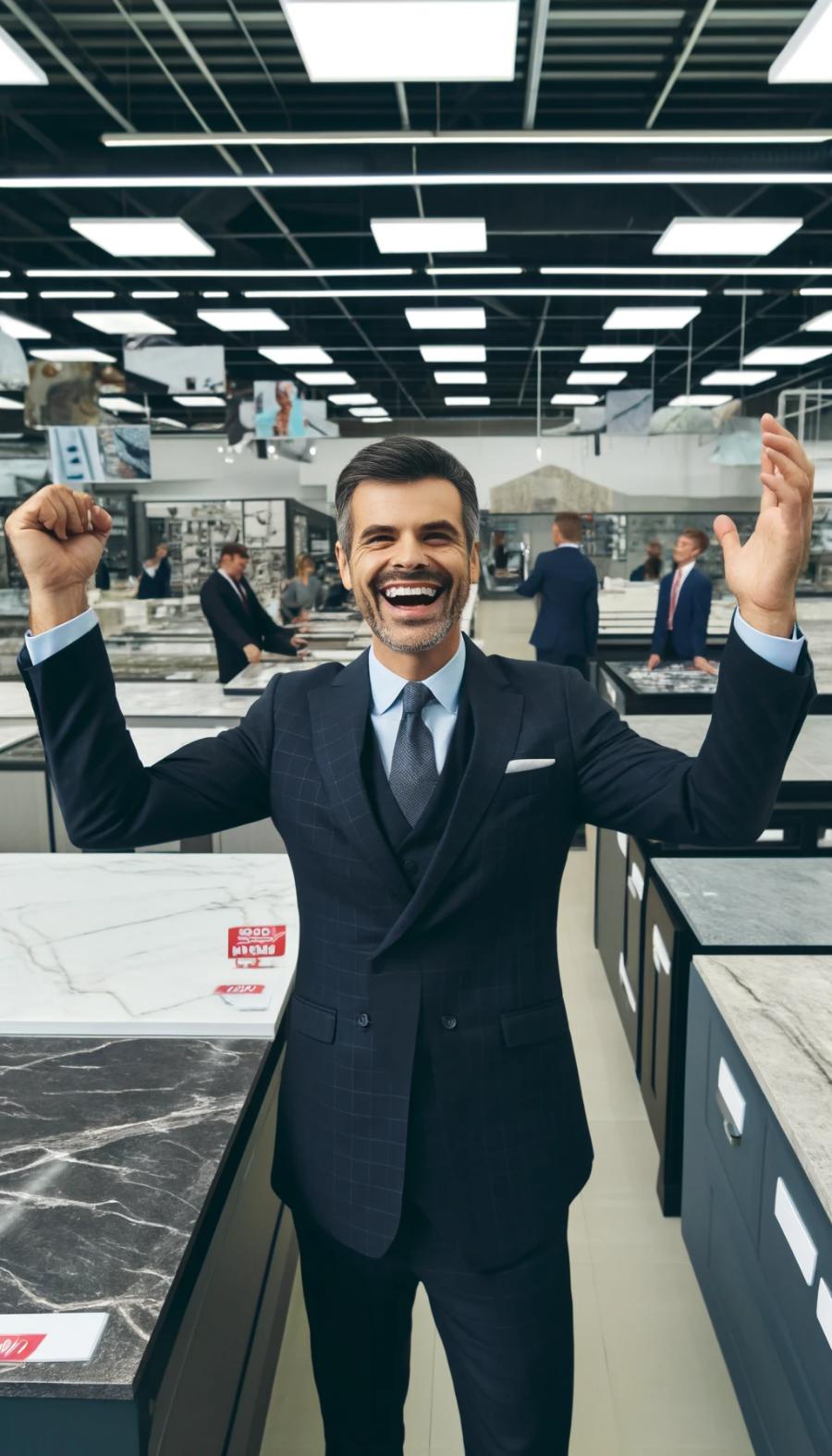DALL·E 2024-04-22 15.48.57 – A very successful marble countertop salesman in a showroom, celebrating with great joy. The middle-aged man is beaming with a wide smile, his arms rai