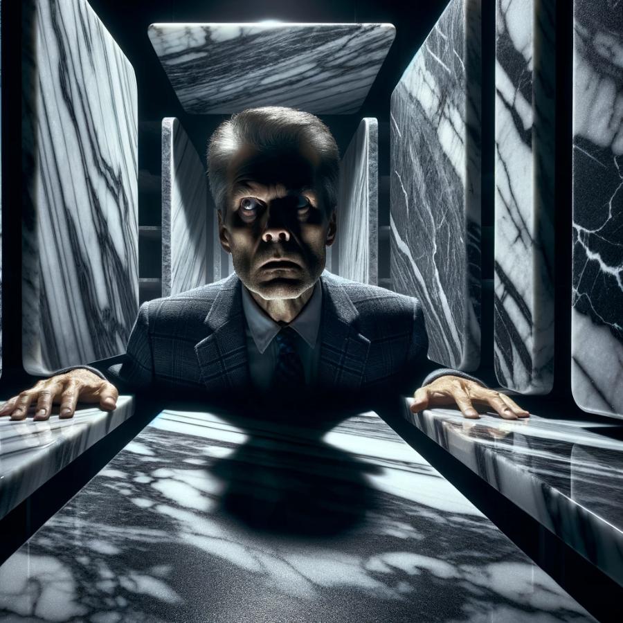 DALL·E 2024-04-22 15.51.57 – A haunting image of a marble countertop salesman stuck in a nightmare. The scene shows the middle-aged man in a dark, eerie showroom where the marble