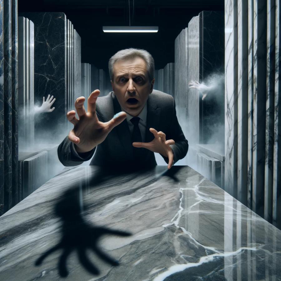 DALL·E 2024-04-22 15.52.37 – A terrifying image of a marble countertop salesman caught in a nightmarish scenario. The middle-aged man appears trapped in a dark showroom, surrounde