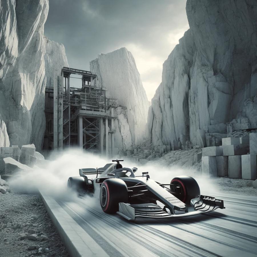 DALL·E 2024-04-22 15.54.28 – A dynamic image of a Formula 1 racecar taking off from inside a marble stone quarry. The racecar, sleek and aerodynamically designed, is shown in acti