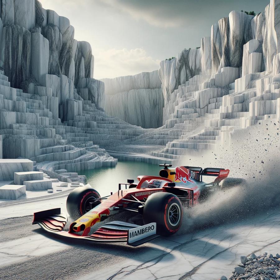 DALL·E 2024-04-22 15.55.40 – An exhilarating scene of a Formula 1 racecar launching from within a marble stone quarry. The racecar, vibrant and designed for high speed, bursts for