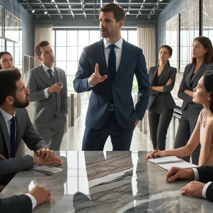 DALL·E 2024-04-22 16.00.03 – A scene of a master salesman of marble countertops teaching his sales strategies to a small group of employees in a well-lit showroom. The master sale
