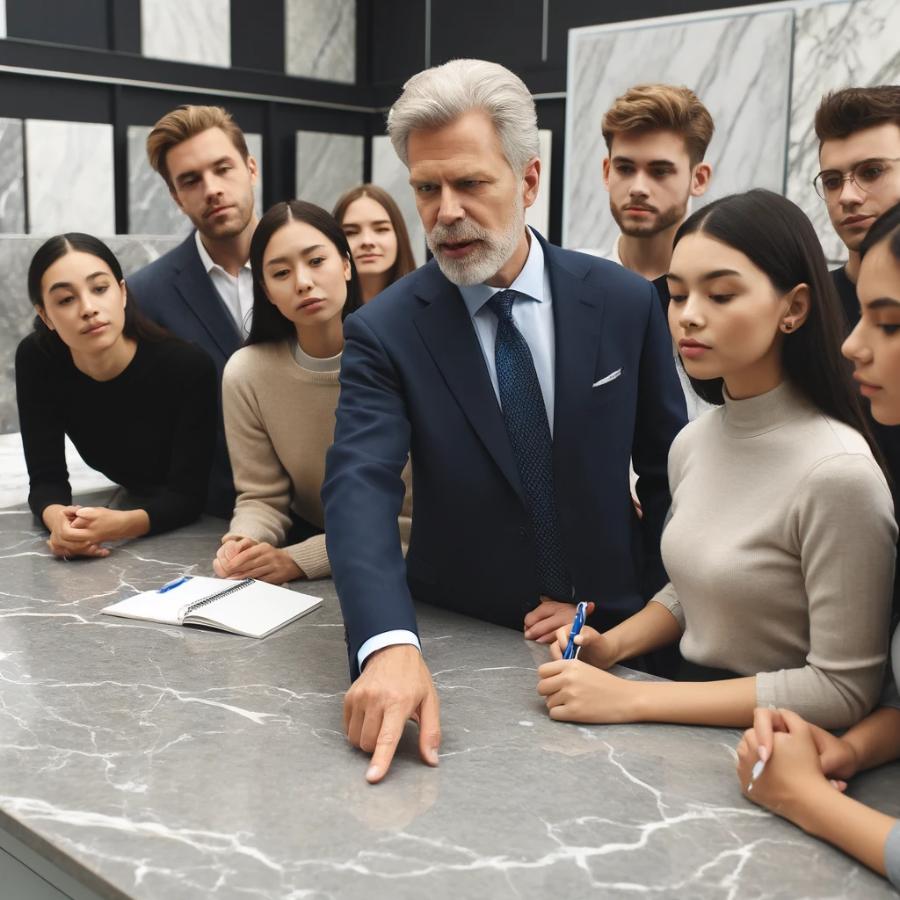 DALL·E 2024-04-22 16.01.07 – A seasoned marble countertop salesman leading a workshop for new employees in a showroom. The salesman, a distinguished man with a confident stance, i